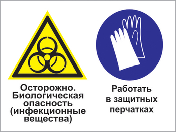 Кз 73 осторожно - биологическая опасность (инфекционные вещества). работать в защитных перчатках. (пластик, 400х300 мм) - Знаки безопасности - Комбинированные знаки безопасности - магазин "Охрана труда и Техника безопасности"